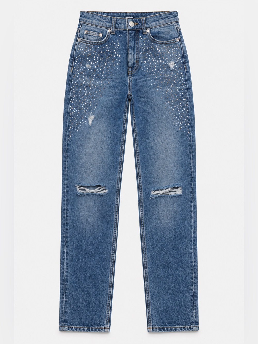 H&M Rhinestone Embellished Distressed Blue Jeans High Rise Straight Leg Size 2